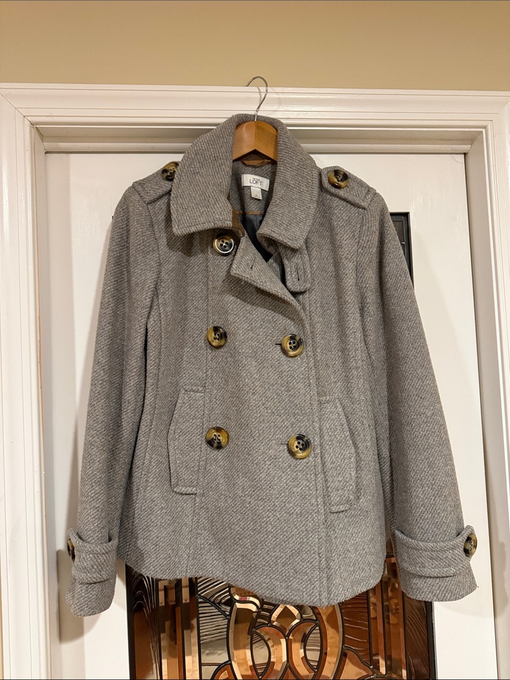 LOFT Gray Double-Breasted Peacoat with Tortoise Buttons